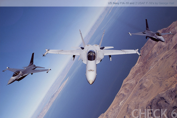 F/A-18 and 2 F-16 in Formation - by George Hall